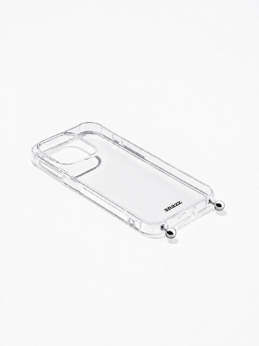 Snazz Clear Case, a transparent iPhone case with two silver ball studs for phone chains